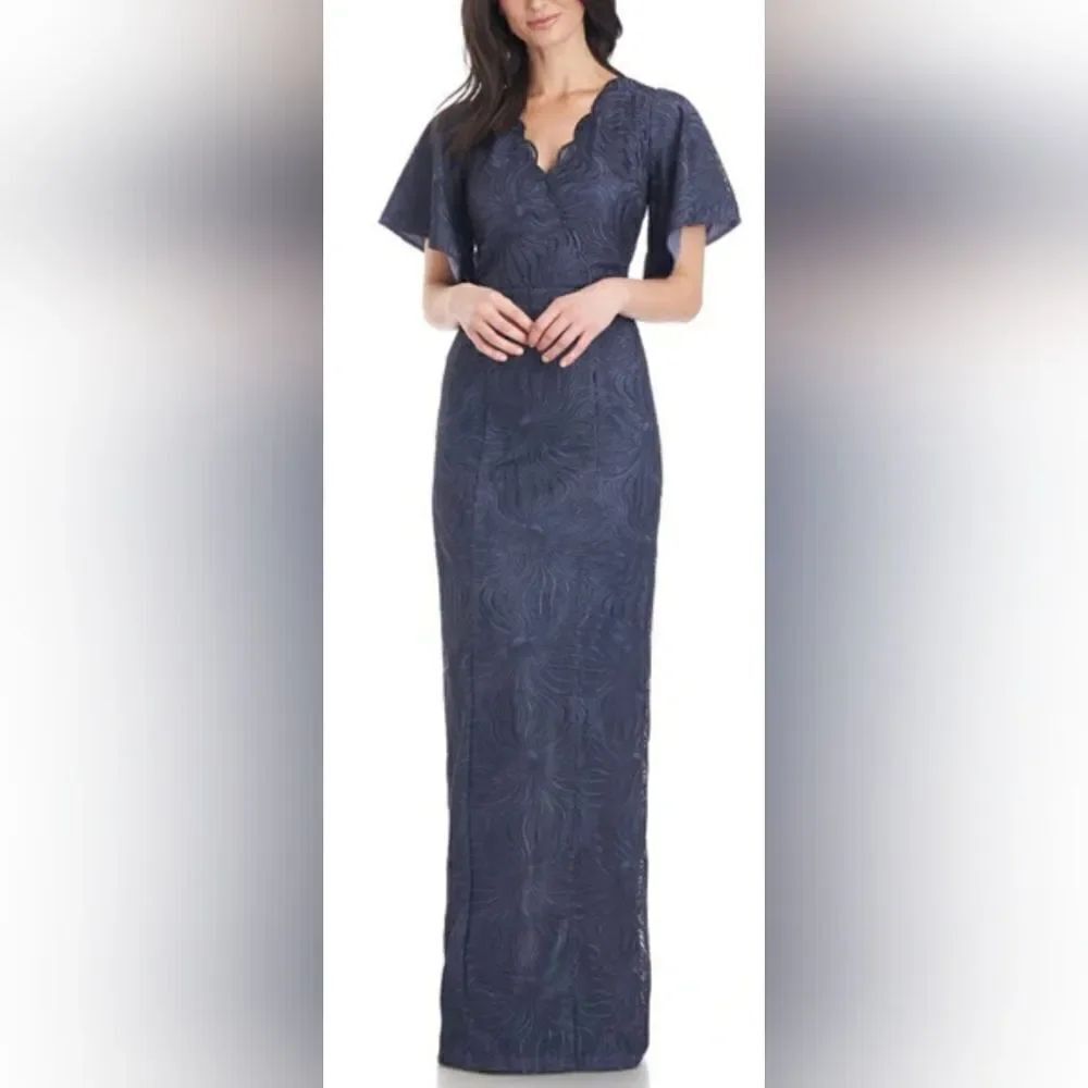JS COLLECTIONS Drina V-Neck Column Gown NWOT size 8 Navy Blue